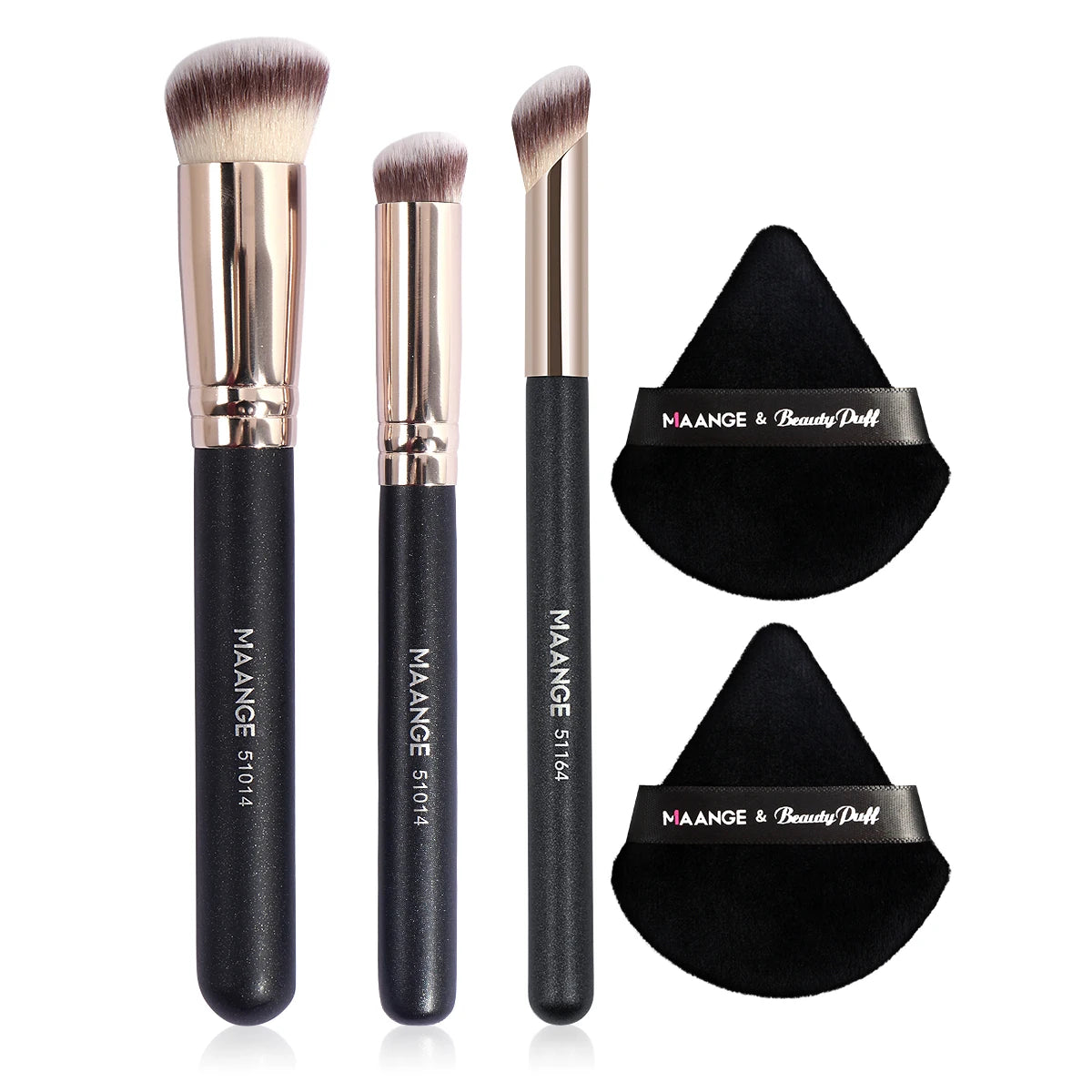 Set Maquillage 3 Pinceaux + 2 Houppettes Triangulaires – Correcteur, Fards à Paupières et Poudre