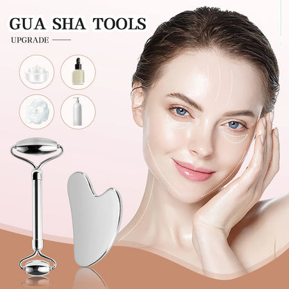 Rouleau Visage + Gua Sha Métal – Soin Drainant & Sculptant