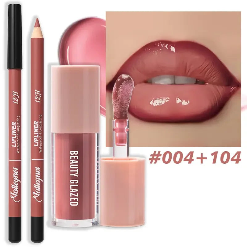 Waterproof Lip Line Set -Ensemble maquillage lèvres waterproof longue tenue – Crayon & glaze effet mat, tons rouge, brun, rose et nude
