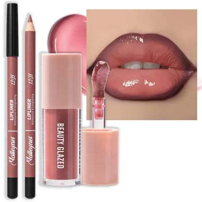 Waterproof Lip Line Set -Ensemble maquillage lèvres waterproof longue tenue – Crayon & glaze effet mat, tons rouge, brun, rose et nude