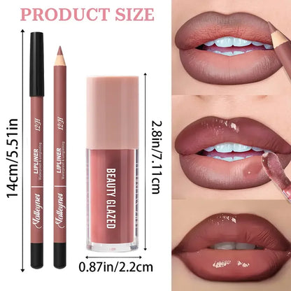 Waterproof Lip Line Set -Ensemble maquillage lèvres waterproof longue tenue – Crayon & glaze effet mat, tons rouge, brun, rose et nude