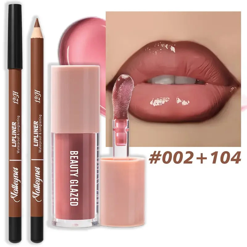 Waterproof Lip Line Set -Ensemble maquillage lèvres waterproof longue tenue – Crayon & glaze effet mat, tons rouge, brun, rose et nude