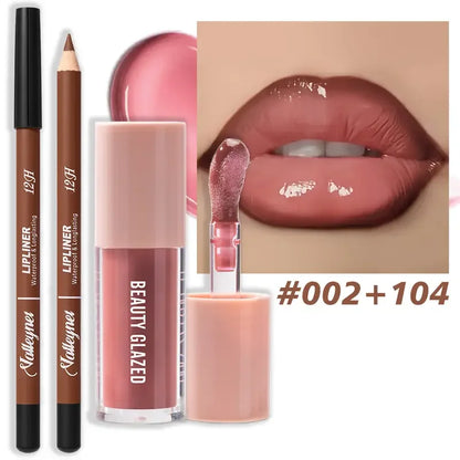 Waterproof Lip Line Set -Ensemble maquillage lèvres waterproof longue tenue – Crayon & glaze effet mat, tons rouge, brun, rose et nude