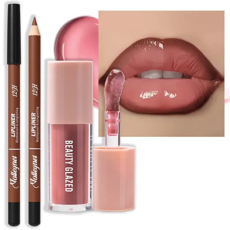 Waterproof Lip Line Set -Ensemble maquillage lèvres waterproof longue tenue – Crayon & glaze effet mat, tons rouge, brun, rose et nude