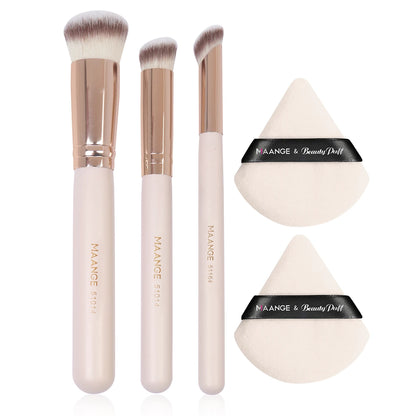Set Maquillage 3 Pinceaux + 2 Houppettes Triangulaires – Correcteur, Fards à Paupières et Poudre
