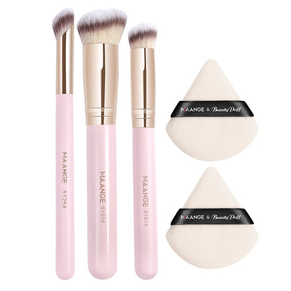 Set Maquillage 3 Pinceaux + 2 Houppettes Triangulaires – Correcteur, Fards à Paupières et Poudre