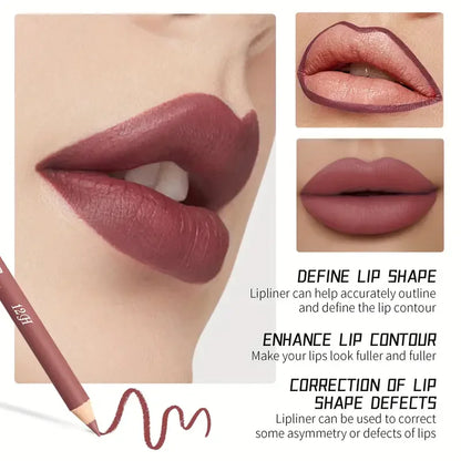 Waterproof Lip Line Set -Ensemble maquillage lèvres waterproof longue tenue – Crayon & glaze effet mat, tons rouge, brun, rose et nude