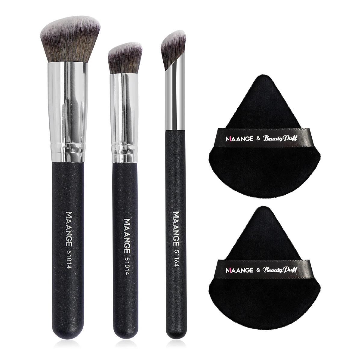 Set Maquillage 3 Pinceaux + 2 Houppettes Triangulaires – Correcteur, Fards à Paupières et Poudre