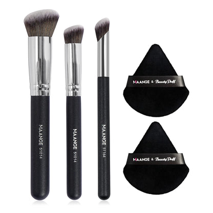 Set Maquillage 3 Pinceaux + 2 Houppettes Triangulaires – Correcteur, Fards à Paupières et Poudre