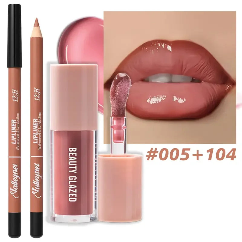 Waterproof Lip Line Set -Ensemble maquillage lèvres waterproof longue tenue – Crayon & glaze effet mat, tons rouge, brun, rose et nude