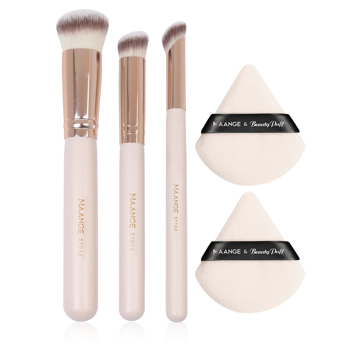Set Maquillage 3 Pinceaux + 2 Houppettes Triangulaires – Correcteur, Fards à Paupières et Poudre