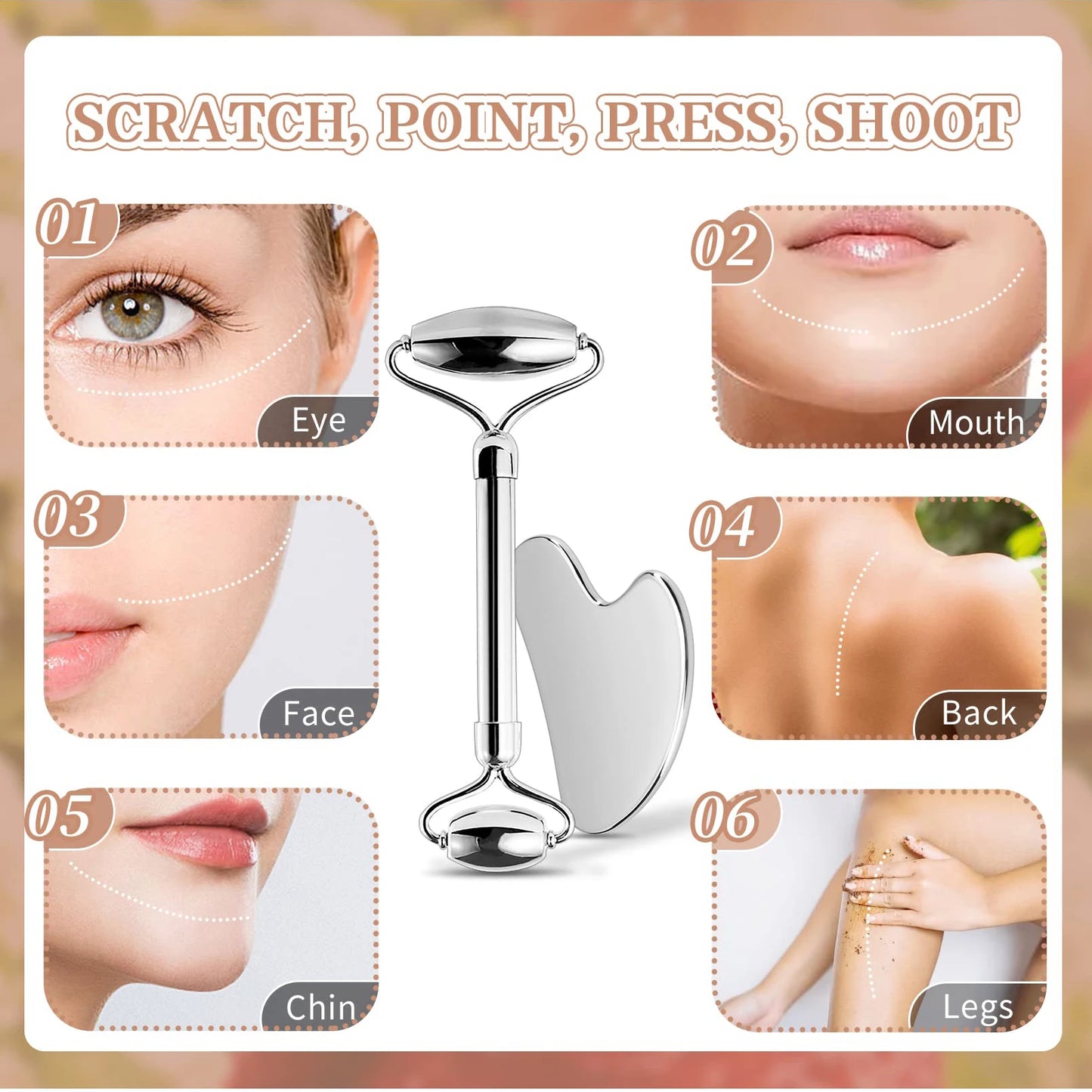 Rouleau Visage + Gua Sha Métal – Soin Drainant & Sculptant