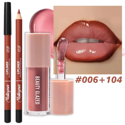 Waterproof Lip Line Set -Ensemble maquillage lèvres waterproof longue tenue – Crayon & glaze effet mat, tons rouge, brun, rose et nude