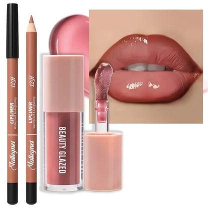 Waterproof Lip Line Set -Ensemble maquillage lèvres waterproof longue tenue – Crayon & glaze effet mat, tons rouge, brun, rose et nude